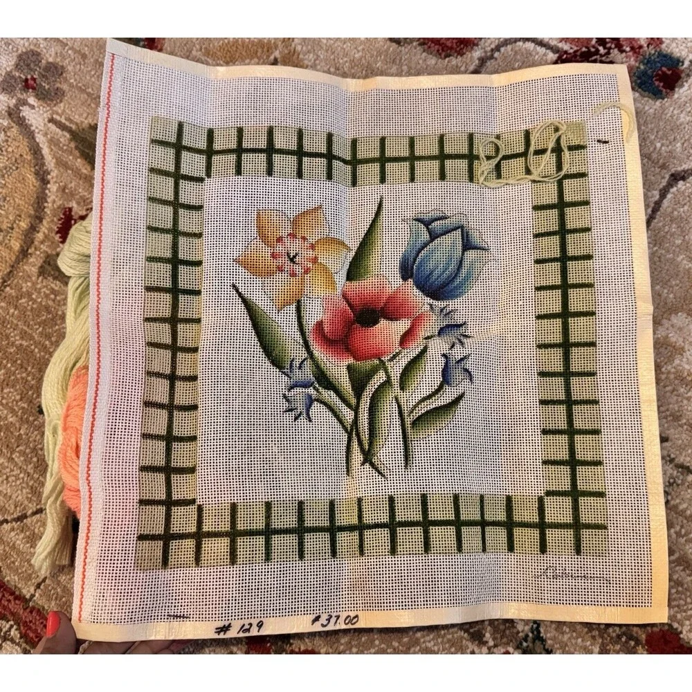 Vintage 90s Hand Painted Needlepoint Canvas Glorious Floral READ